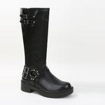 Arya Buckled Faux Leather Knee High Biker Boots