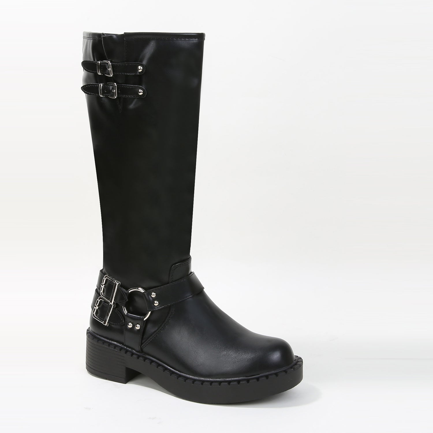 Arya Buckled Faux Leather Knee High Biker Boots