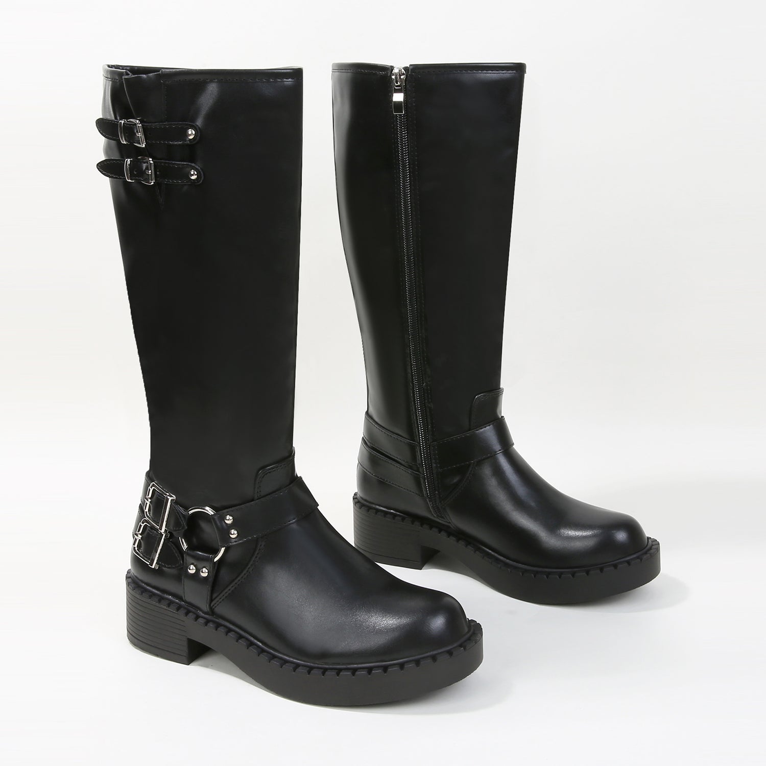 Arya Buckled Faux Leather Knee High Biker Boots
