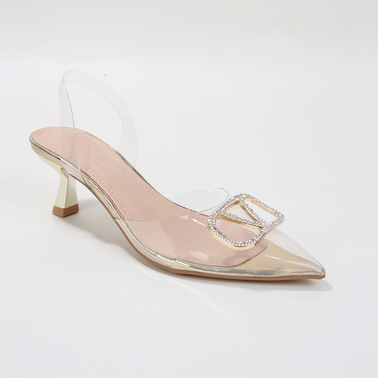 Nimona Rhinestone Emblem Clear Slingback Heels