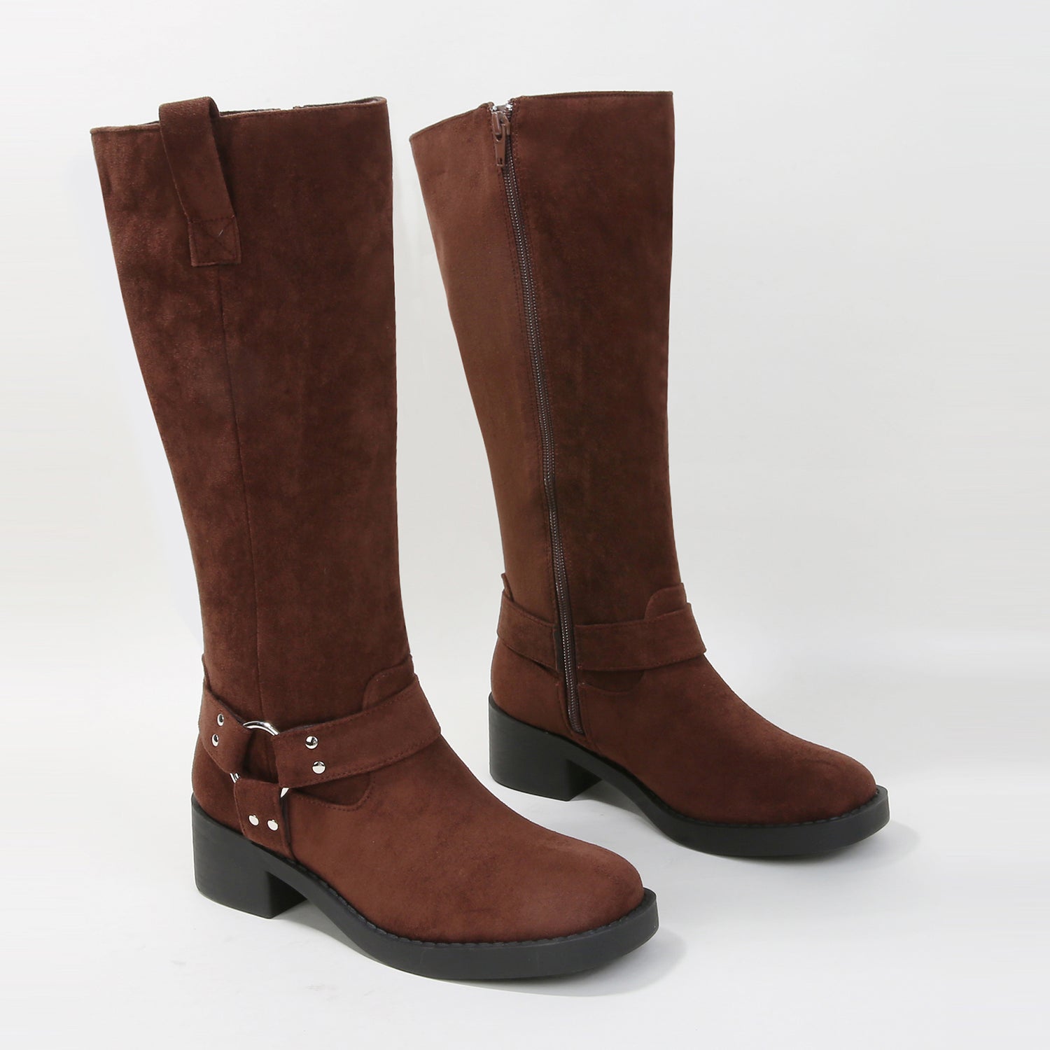 Spencer Suede Harness Knee High Boots with Ring Detail