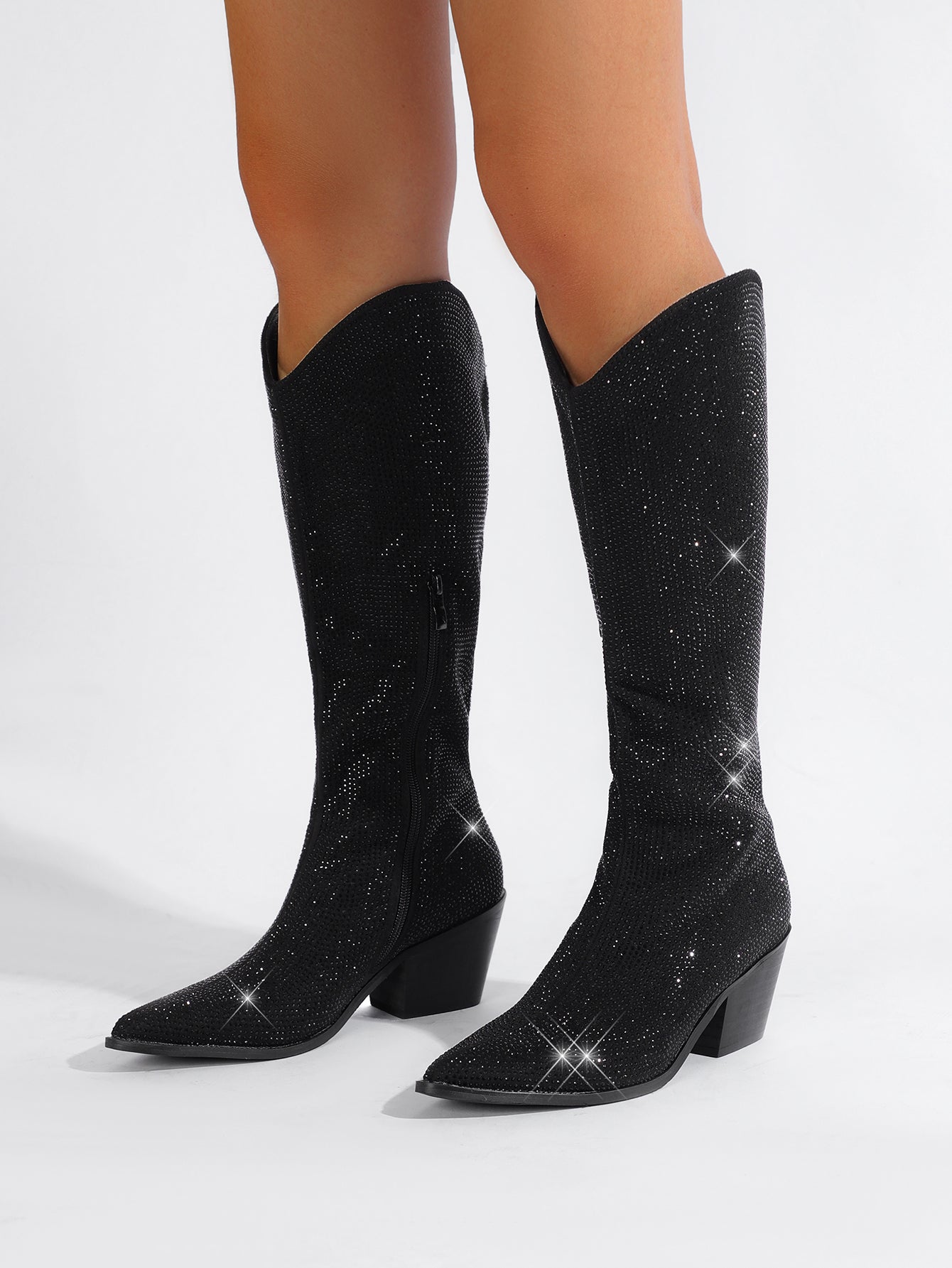 Aanika Black Shimmer Rhinestone Western Boots