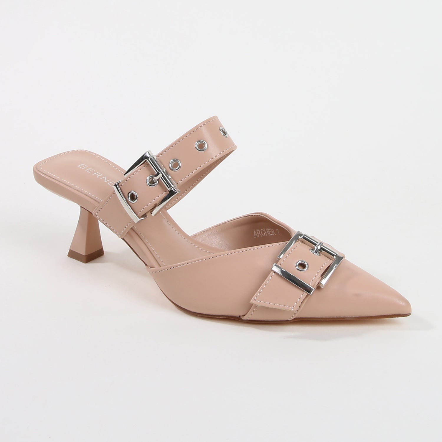 Archer Beige Double Buckle Mule Heels