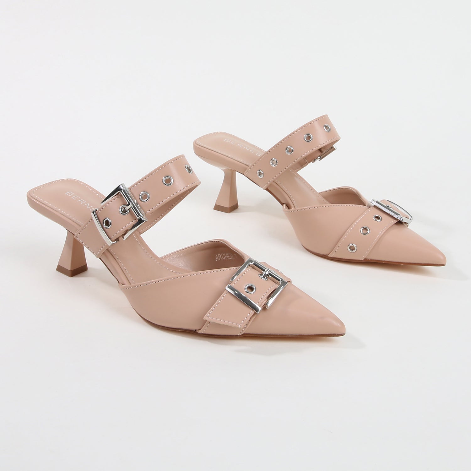 Archer Beige Double Buckle Mule Heels