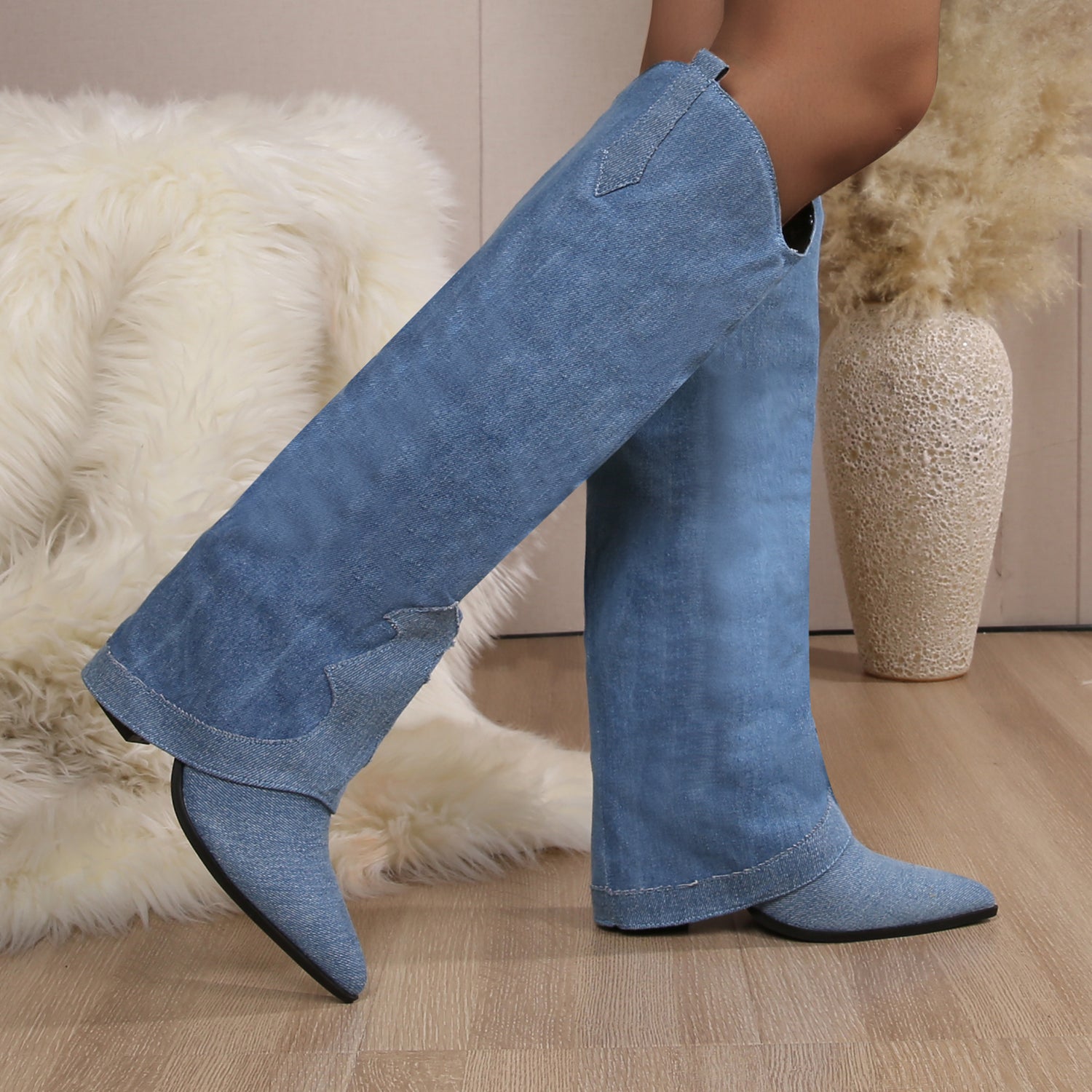 Brandy Denim Foldover Knee High Boots