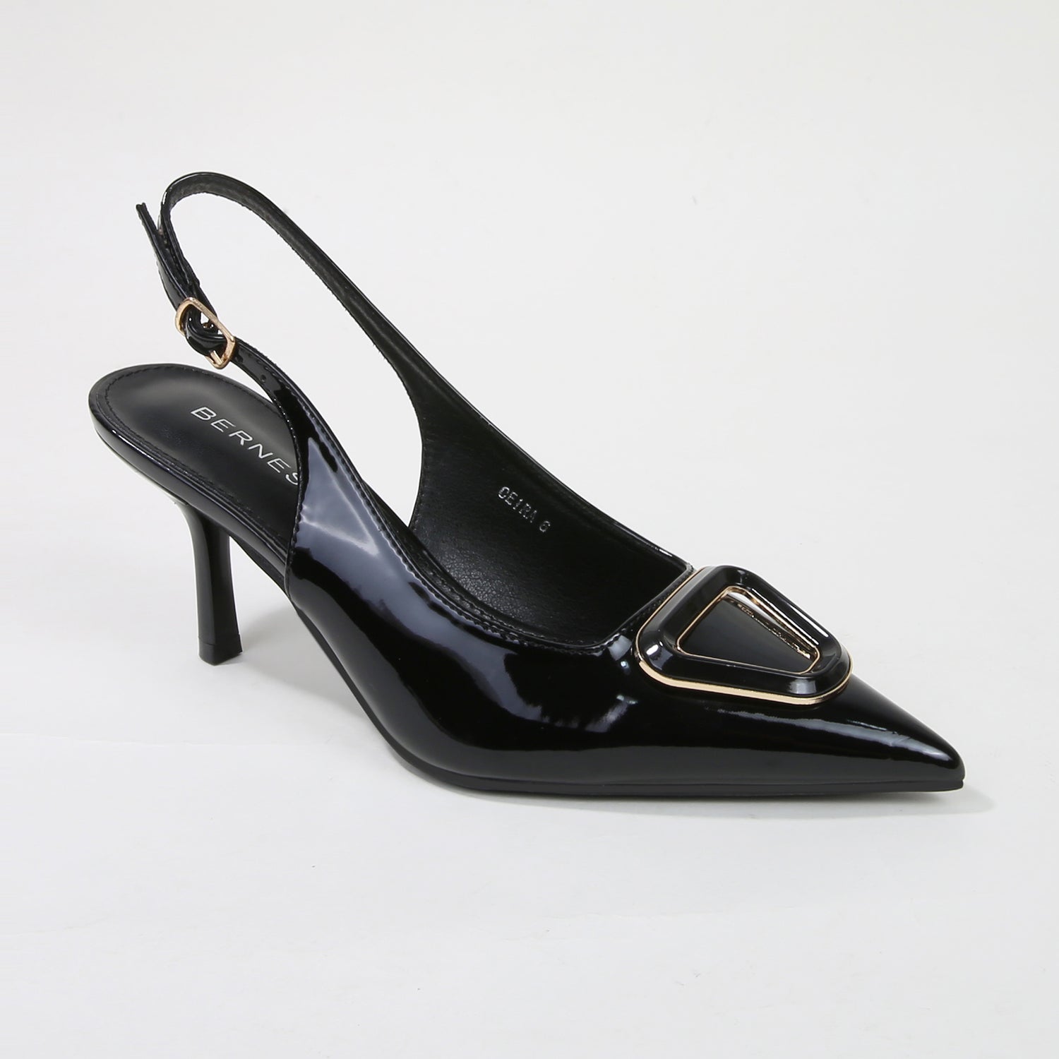 Ceira Patent Slingback Pump Heels with Metallic Trapezoid Accent