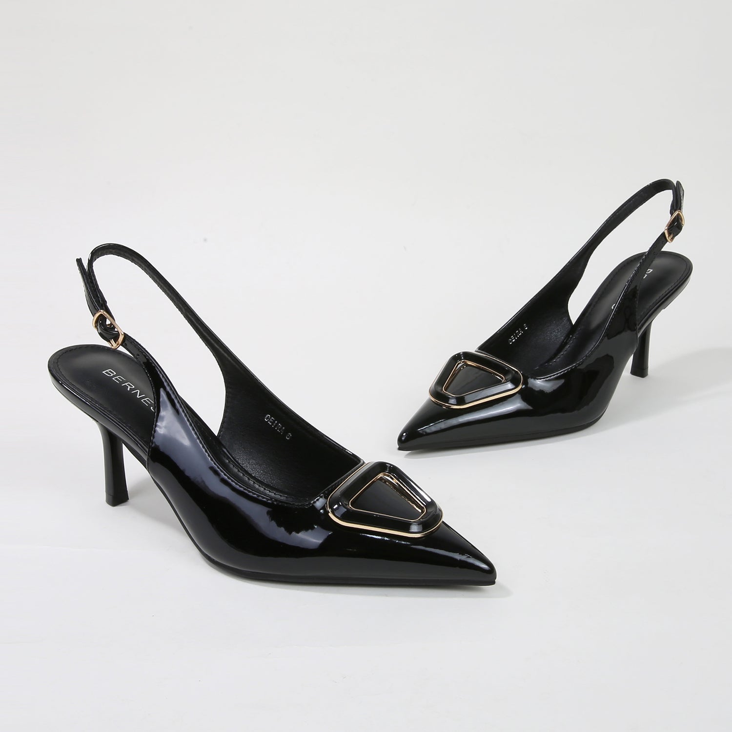 Ceira Patent Slingback Pump Heels with Metallic Trapezoid Accent