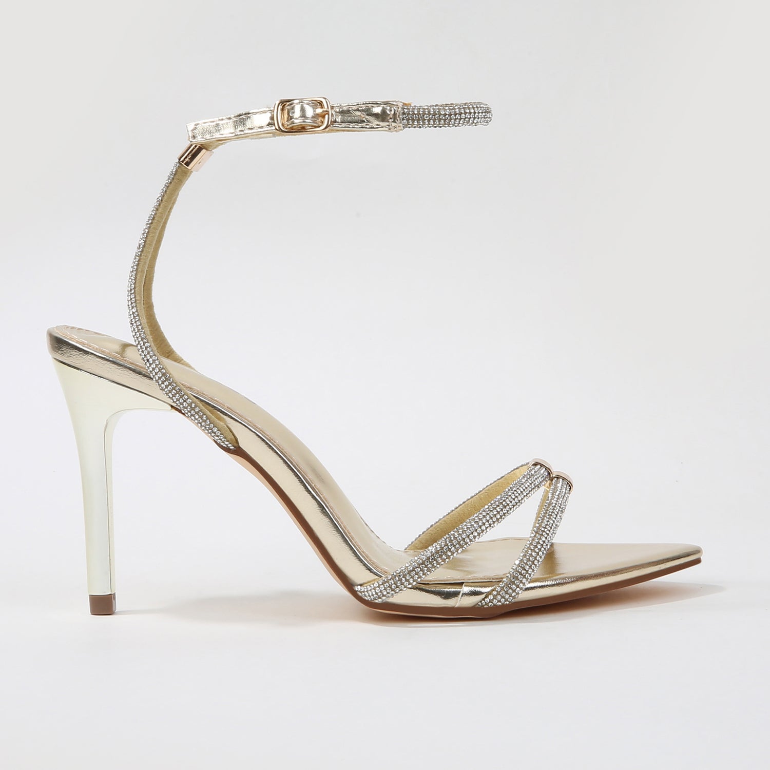 Hellene Rhinestone Stiletto Heeled Sandals with Metallic Heel