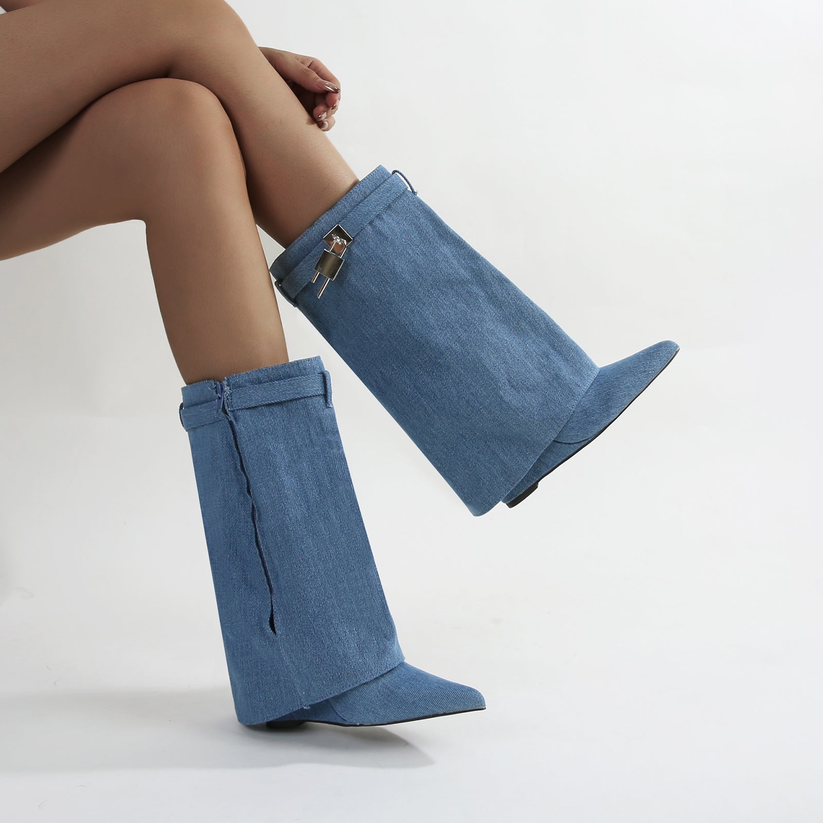 【ブラックベリーページ】 Women's Paisley Leather Fold-over Wege Boots with Lock