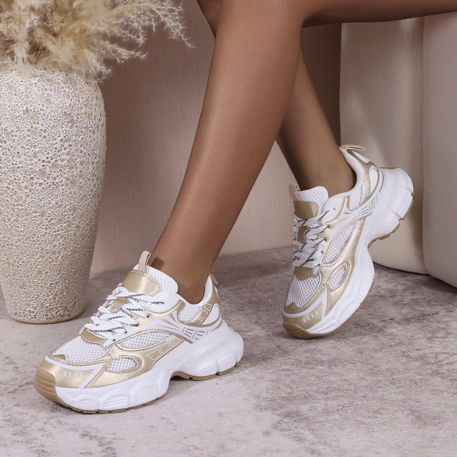 Gold White Trainers Chunky Sole Women's Ramona Metallic Gold