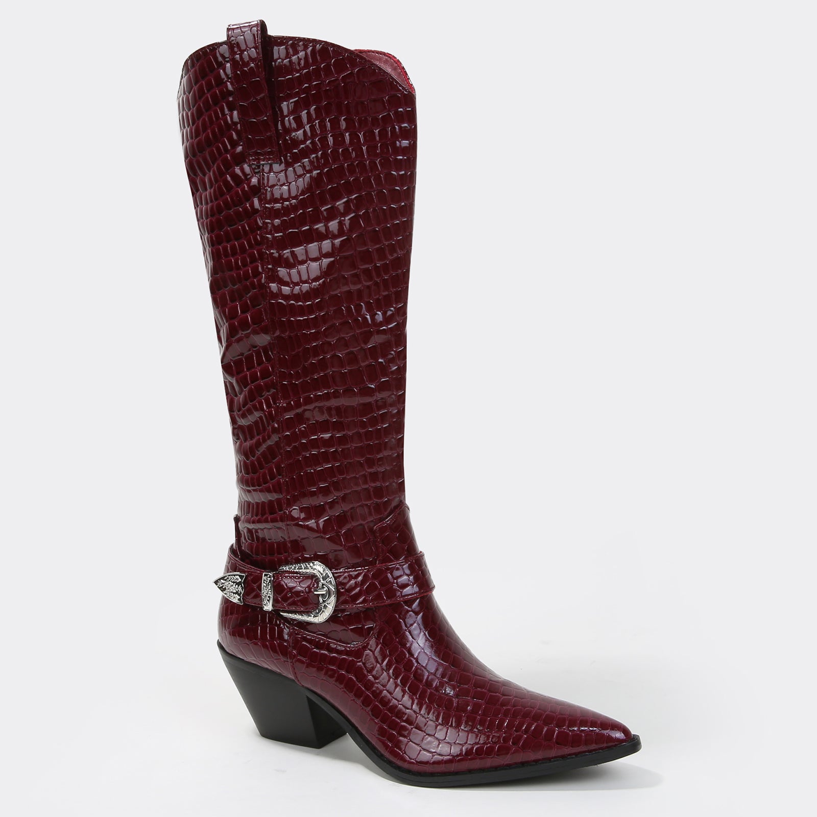 Tristen Glossy Croc-Print Buckle Cowboy Boots – BERNESS