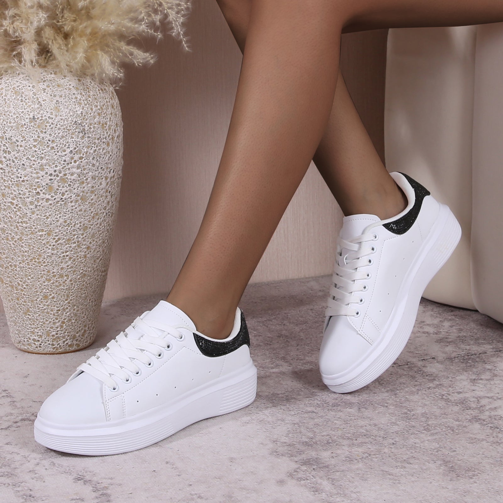 Women's Fortuna White Platform Sneaker with Rhinestone Accent